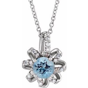 Sterling Silver Natural Blue Zircon & .07 CTW Natural Diamond Halo-Style 16-18" Necklace