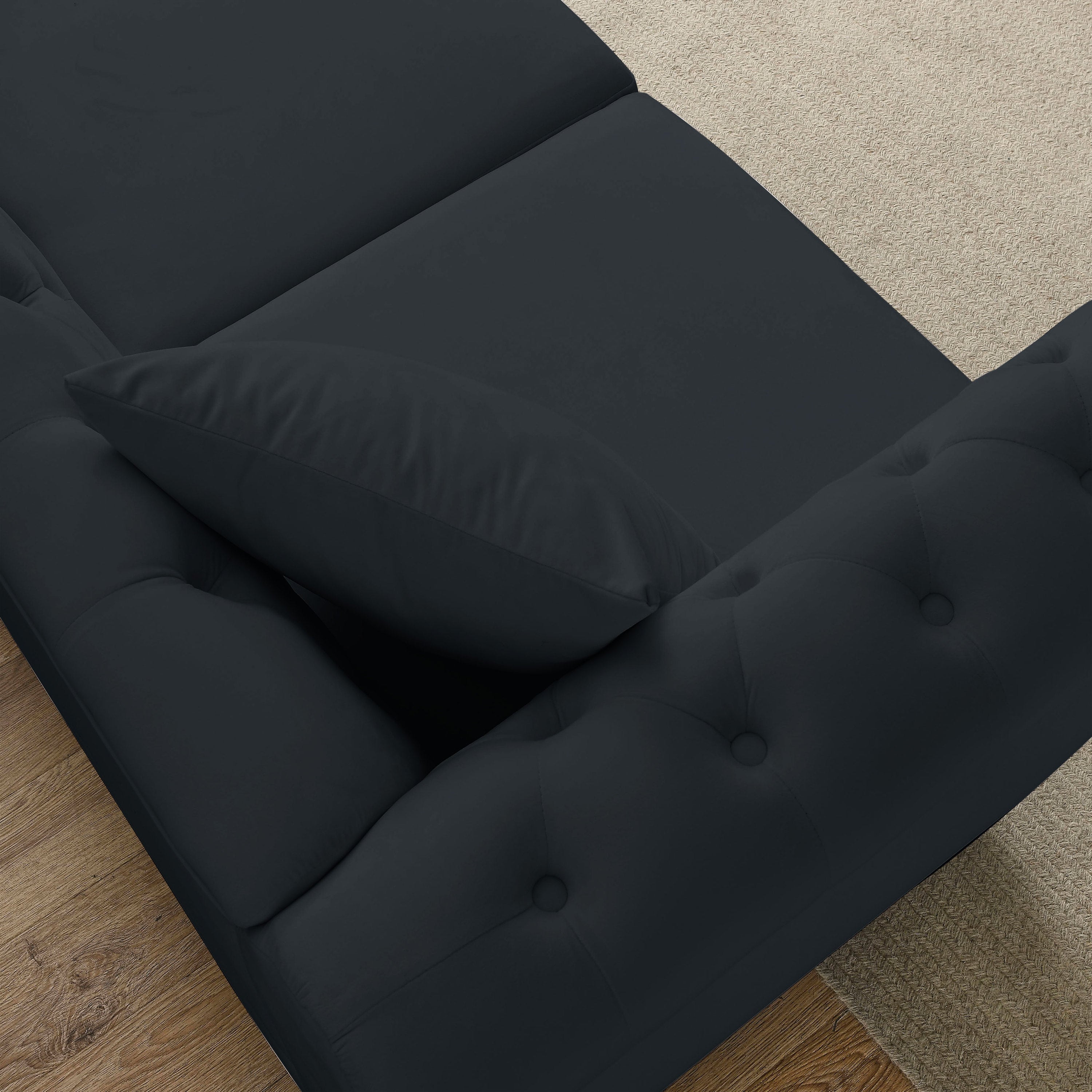 [Video] 80' Chesterfield Sofa Black Velvet for Living Room, 3 Seater Sofa Tufted Couch with Rolled Arms and Nailhead for Living Room, Bedroom, Office, Apartment, two pillows