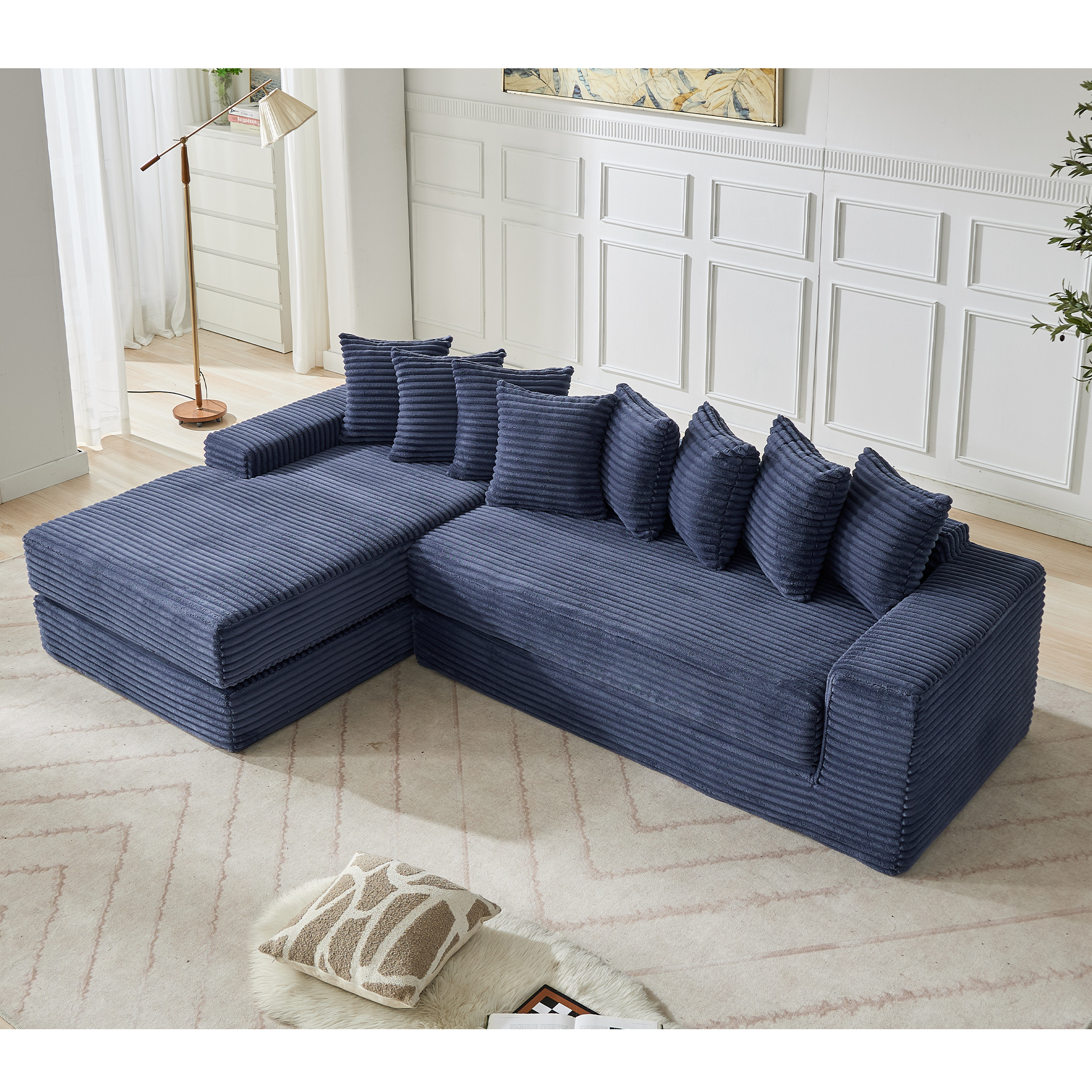 [NEW ARRIVED] [VIDEO PROVIDED]   Oversize Cloud Couch, L-Shape Sofa, Convertible Floor Sleeper Sofa Bed,  No Assembly ,Eight  pillows,3-in-1,Side Pocket,(Left Facing Sofa),3 Seat,Corduroy,Blue