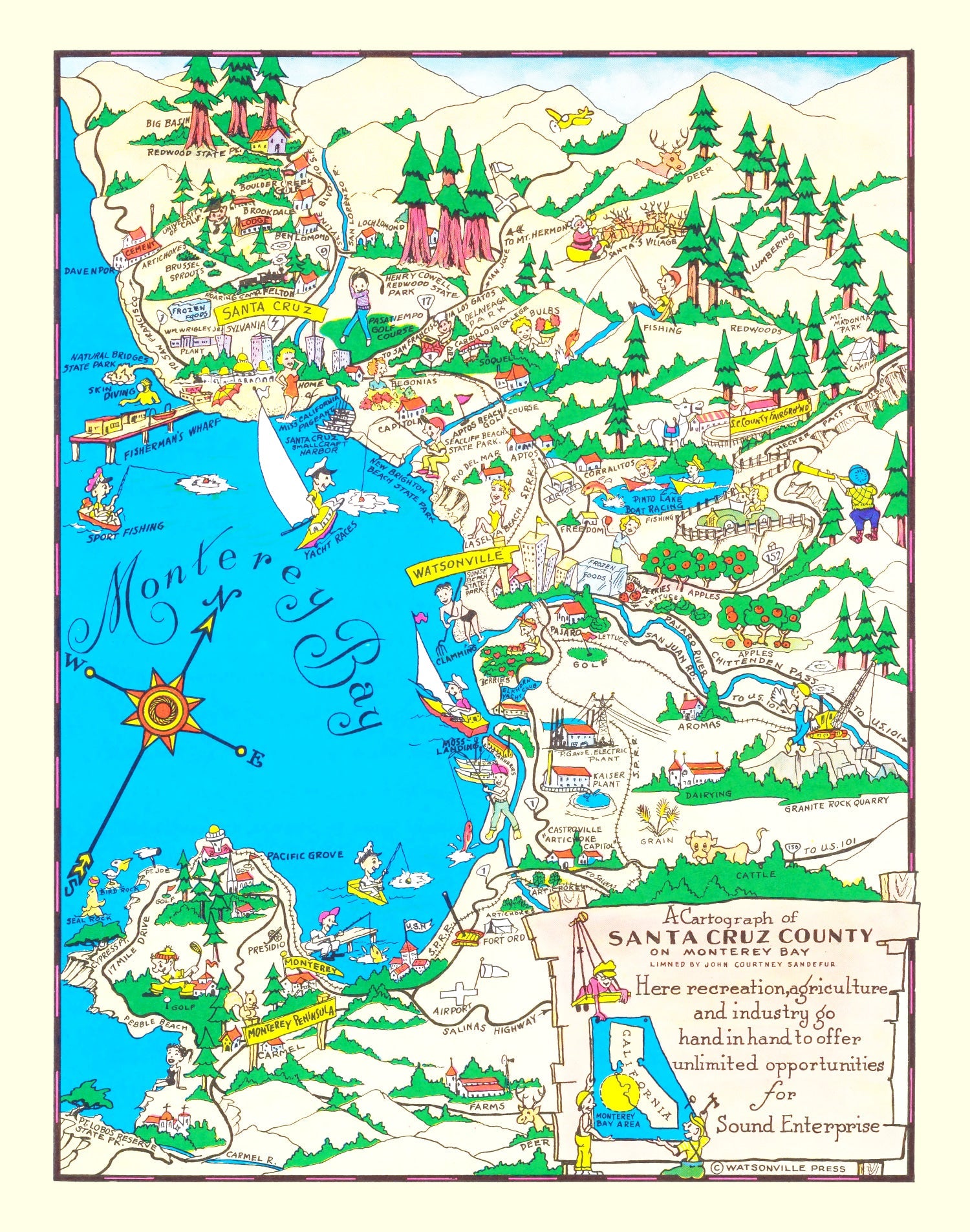 Vintage Map of Santa Cruz County, California 1966