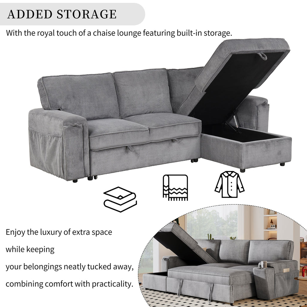 U_STYLE Upholstery Sleeper Sectional Sofa with Storage Bags and 2 cup holders  on Arms