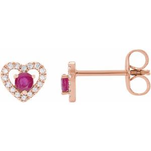14K Rose Gold Natural Ruby & 1/10 CTW Natural Diamond Heart Earrings