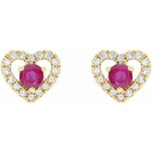 14K Yellow Gold Natural Ruby & 1/10 CTW Natural Diamond Heart Earrings – image 2