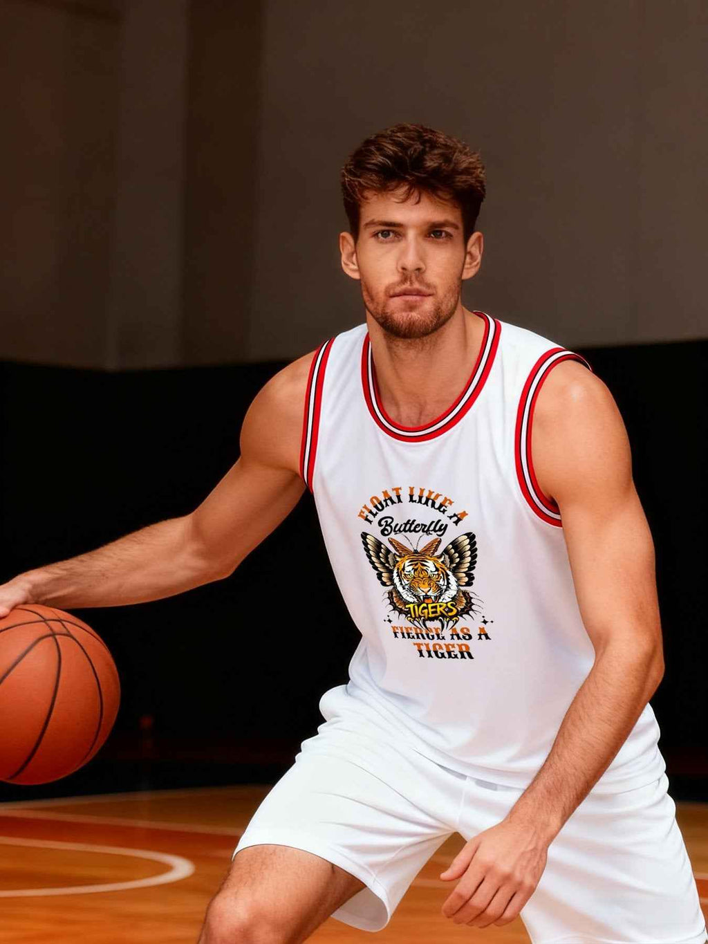 Float Like a Butterfly Fierce as a Tiger Adult White with Red Trim Basketball Jersey | Ships From USA