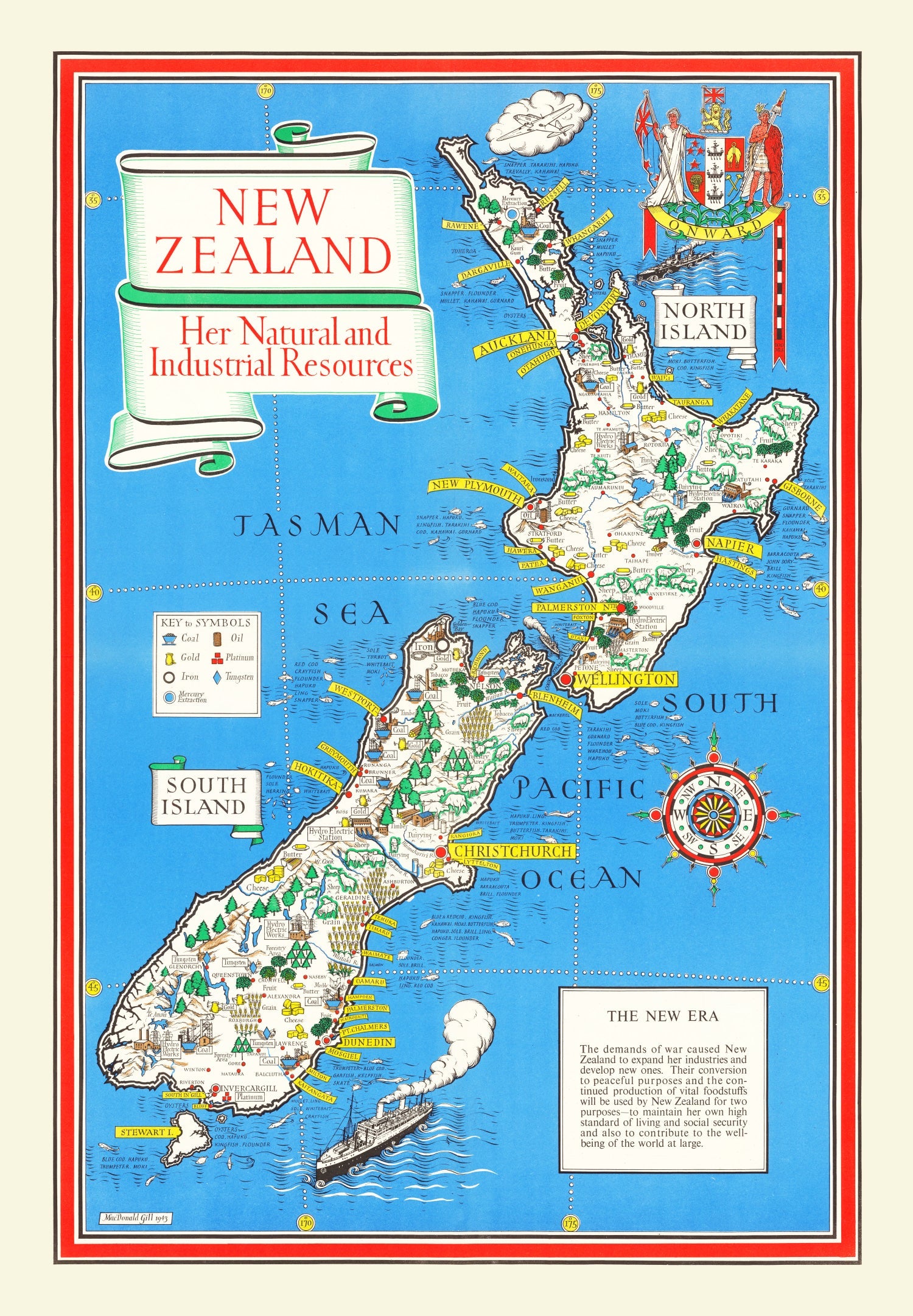 Vintage Map of New Zealand 1943