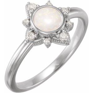 Sterling Silver Natural White Opal & 1/10 CTW Natural Diamond Halo-Style Ring
