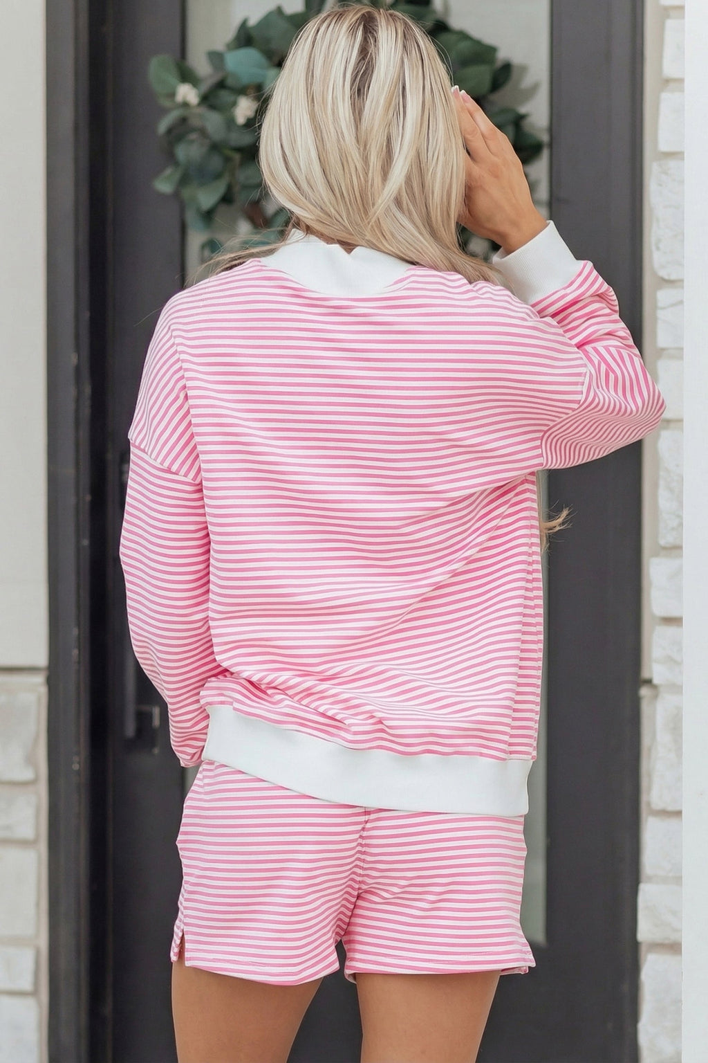 Stripe Oversize Mock Neck Sweatshirt & Shorts Set
