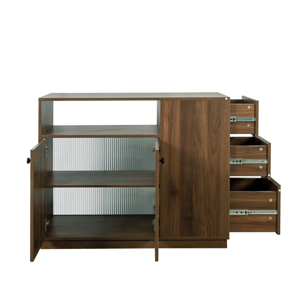 Kitchen Sideboard, Small  Countertop Organizer, Tabletop Cabinet with 2 Glass Sliding Door,3 Side Drawers & 1 small display shelves, Counter Cabinet for Kitchen, Living Room, Dinning Area