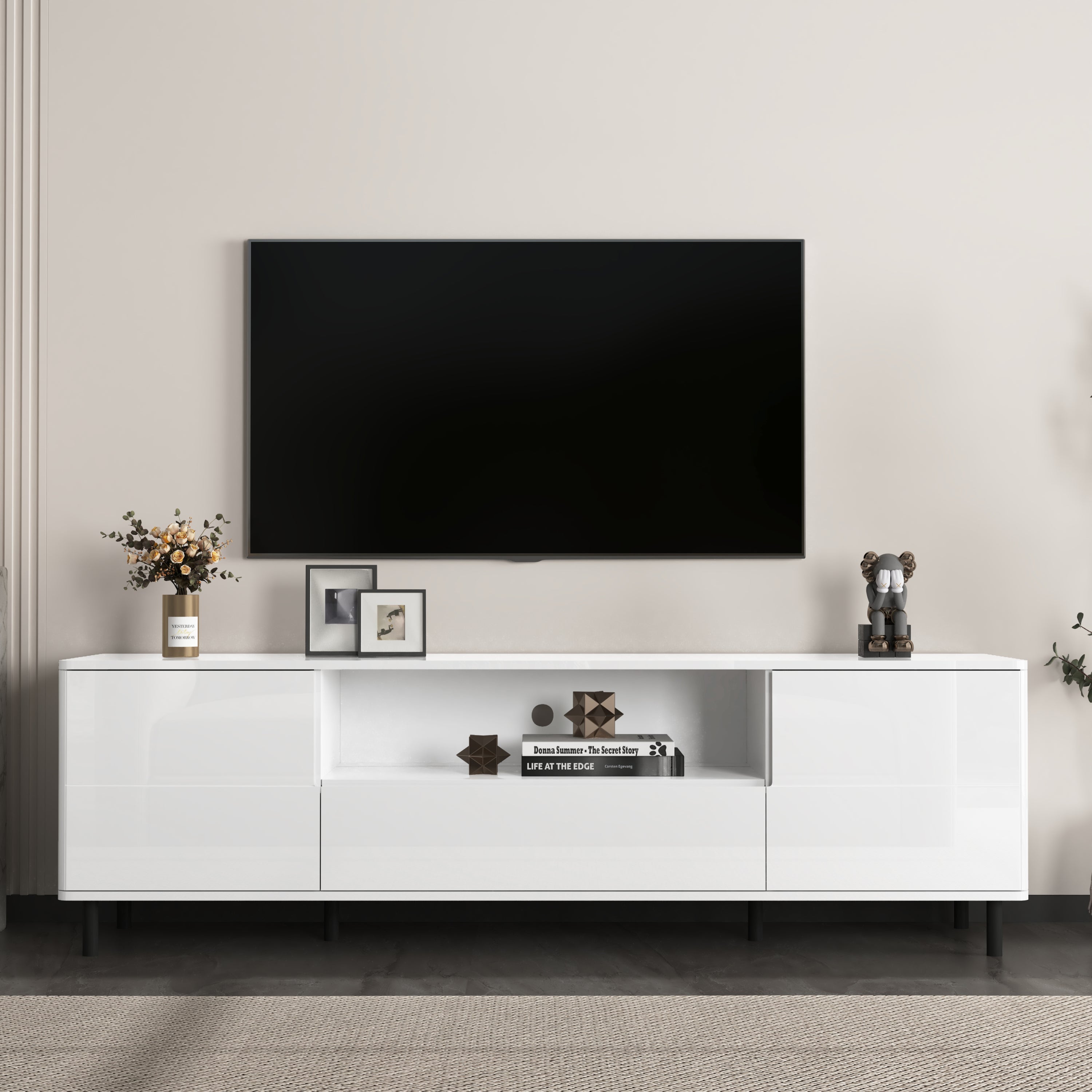 High Gloss Panel Modern TV Console, TV Stand, Entertainment Center with Storage Shelves,TV Cabinet for Living Room, Bedroom, Cloud White 63x15.74x19.68 inch