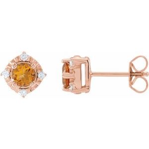 14K Rose Gold Natural Citrine & .08 CTW Natural Diamond Halo-Style Earrings