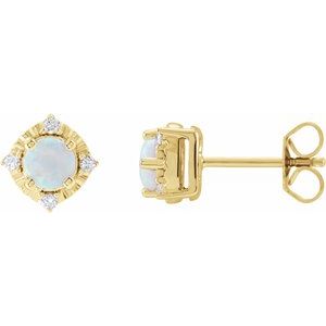 14K Yellow Gold Lab-Grown White Opal & .08 CTW Natural Diamond Halo-Style Earrings