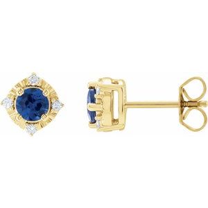 14K Yellow Gold Lab-Grown Blue Sapphire & .08 CTW Natural Diamond Halo-Style Earrings