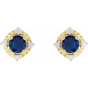 14K Yellow Gold Lab-Grown Blue Sapphire & .08 CTW Natural Diamond Halo-Style Earrings – image 2