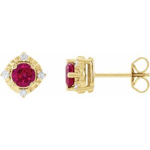 14K Yellow Gold Lab-Grown Ruby & .08 CTW Natural Diamond Halo-Style Earrings