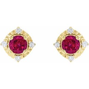 14K Yellow Gold Lab-Grown Ruby & .08 CTW Natural Diamond Halo-Style Earrings – image 2