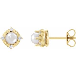 14K Yellow Gold Cultured White Freshwater Pearl & .08 CTW Natural Diamond Halo-Style Earrings