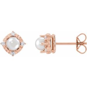 14K Rose Gold Cultured White Freshwater Pearl & .08 CTW Natural Diamond Halo-Style Earrings