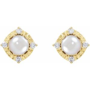 14K Yellow Gold Cultured White Freshwater Pearl & .08 CTW Natural Diamond Halo-Style Earrings – image 2
