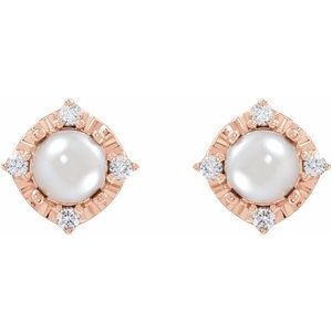 14K Rose Gold Cultured White Freshwater Pearl & .08 CTW Natural Diamond Halo-Style Earrings – image 2