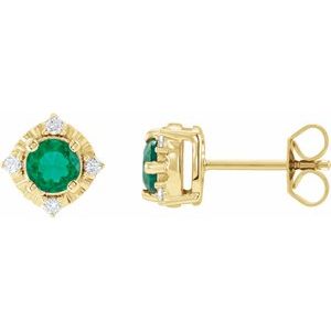 14K Yellow Gold Lab-Grown Emerald & .08 CTW Natural Diamond Halo-Style Earrings