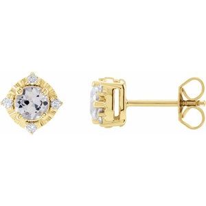 14K Yellow Gold Natural White Sapphire & .08 CTW Natural Diamond Halo-Style Earrings