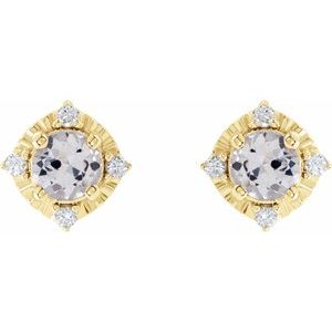 14K Yellow Gold Natural White Sapphire & .08 CTW Natural Diamond Halo-Style Earrings – image 2