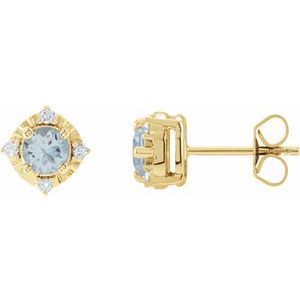 14K Yellow Gold Natural Aquamarine & .08 CTW Natural Diamond Halo-Style Earrings