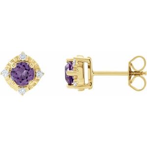 14K Yellow Gold Natural Amethyst & .08 CTW Natural Diamond Halo-Style Earrings