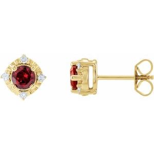 14K Yellow Gold Natural Mozambique Garnet & .08 CTW Natural Diamond Halo-Style Earrings