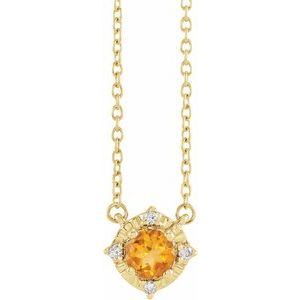 14K Yellow Gold Natural Citrine & .04 CTW Natural Diamond Halo-Style 18" Necklace