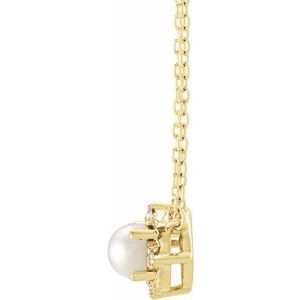 14K Yellow Gold Cultured White Freshwater Pearl & .04 CTW Natural Diamond Halo-Style 18" Necklace