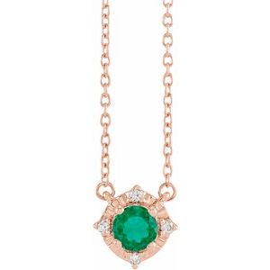 14K Rose Gold Lab-Grown Emerald & .04 CTW Natural Diamond Halo-Style 18" Necklace