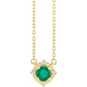 14K Yellow Gold Lab-Grown Emerald & .04 CTW Natural Diamond Halo-Style 18" Necklace