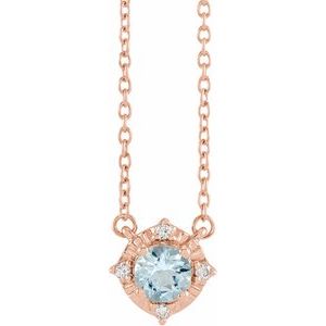 14K Rose Gold Natural Aquamarine & .04 CTW Natural Diamond Halo-Style 18" Necklace