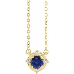 14K Yellow Gold Lab-Grown Blue Sapphire & .04 CTW Natural Diamond Halo-Style 18" Necklace