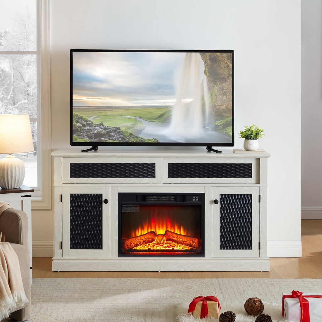 Embossed Pattern TV Stand with 23' fireplace insert,, TV and Media Console with Open and Closed Storage Space and sliding door for Living Room & Bedroom,White, 58.27'W*15.35'W*31.7H