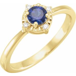 14K Yellow Gold Lab-Grown Blue Sapphire & .04 CTW Natural Diamond Halo-Style Ring