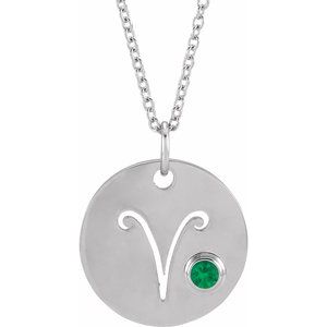 14K White Gold Natural Emerald Aries Zodiac 16-18" Necklace