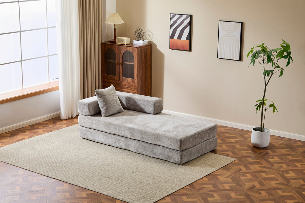 Floor Couch,Compression Sofa,Convertible Floor Sofa Bed-with Pillow Back Support Armrest,Comfy Futon Couch Lounge Sleeper Bed,Chenille fabric,for Living Room Bedroom (LIGHT-GREY)
