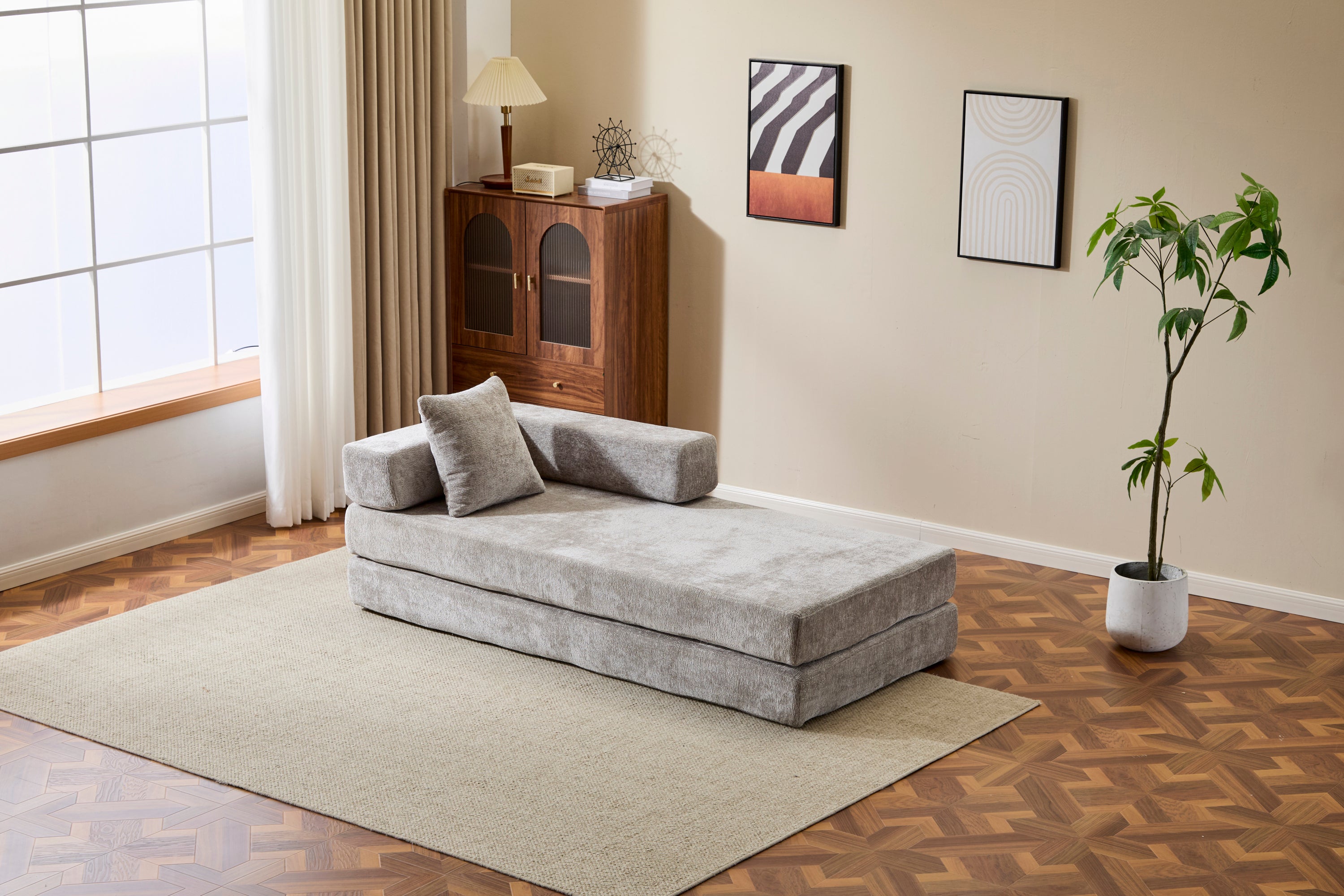 Floor Couch,Compression Sofa,Convertible Floor Sofa Bed-with Pillow Back Support Armrest,Comfy Futon Couch Lounge Sleeper Bed,Chenille fabric,for Living Room Bedroom (LIGHT-GREY)