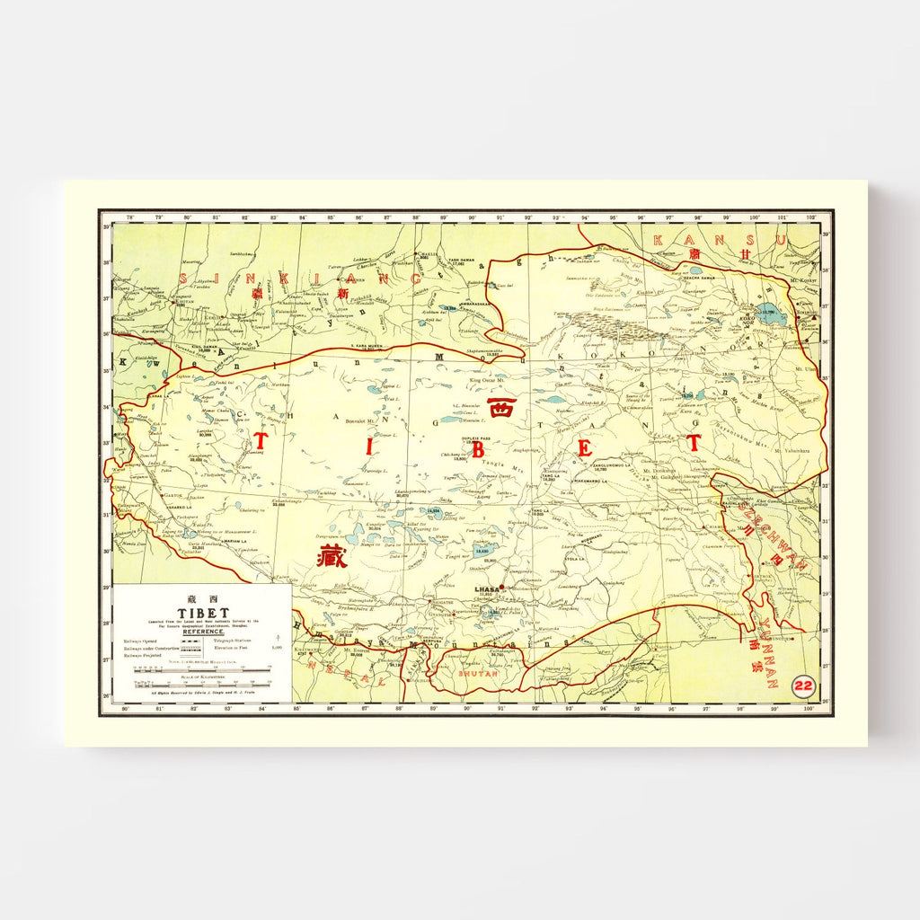 Vintage Map of Tibet China, 1917