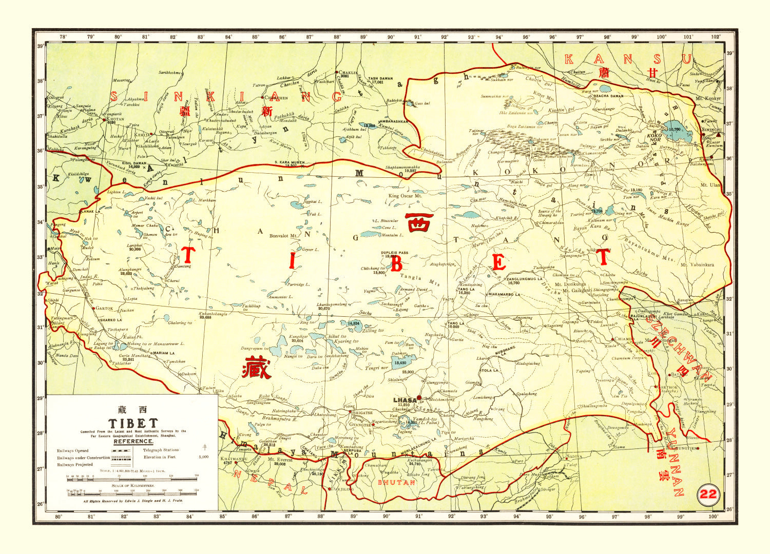 Vintage Map of Tibet China, 1917
