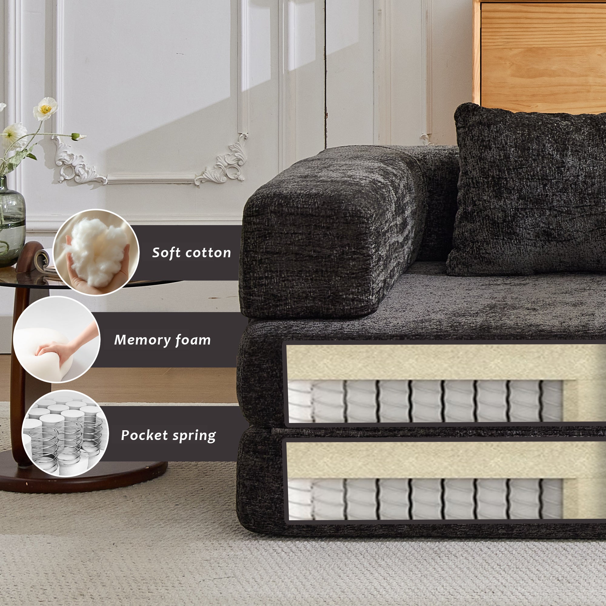 Compression Sofa,Convertible Floor Sofa Bed with Fixed-Shape Frame, Boneless Modular Sectional Sofa,No Assembly Required,Chenille fabric,for Living Room Bedroom,Black
