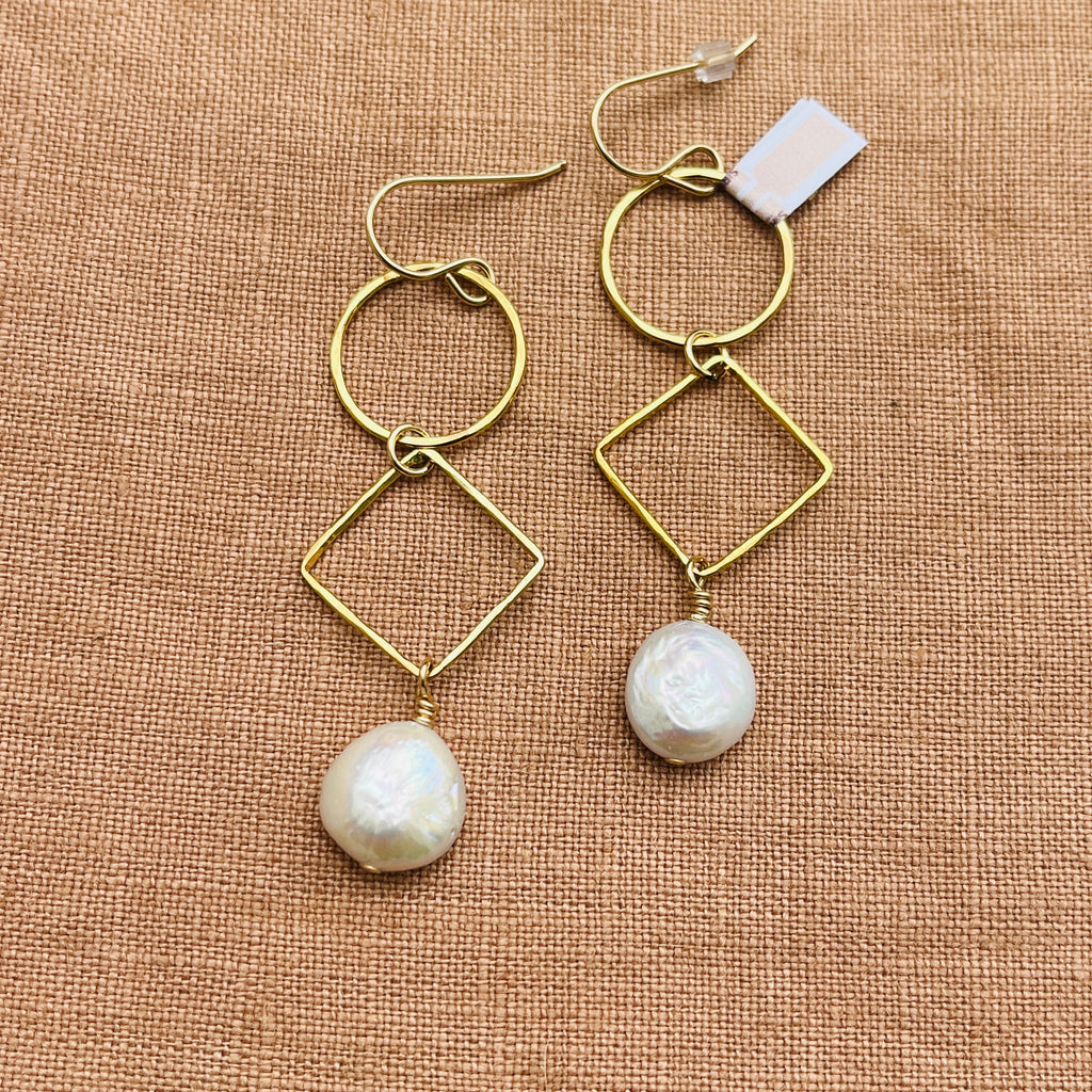 14k gold filled CIRCLE AND DIAMOND DANGLE COIN PEARL EARRINGS