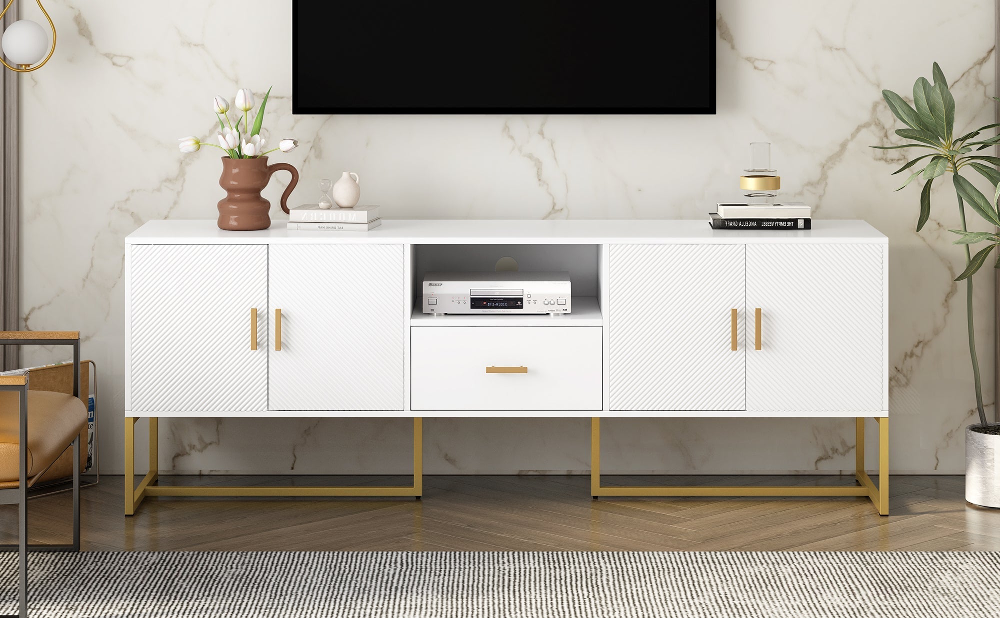 U-Can Modern TV Stand for TV up to 70 Inches,TV Cabinet with 1 Drawer, 2 Cabinets and Metal Legs, Handles and Anti-tip Device for Living room