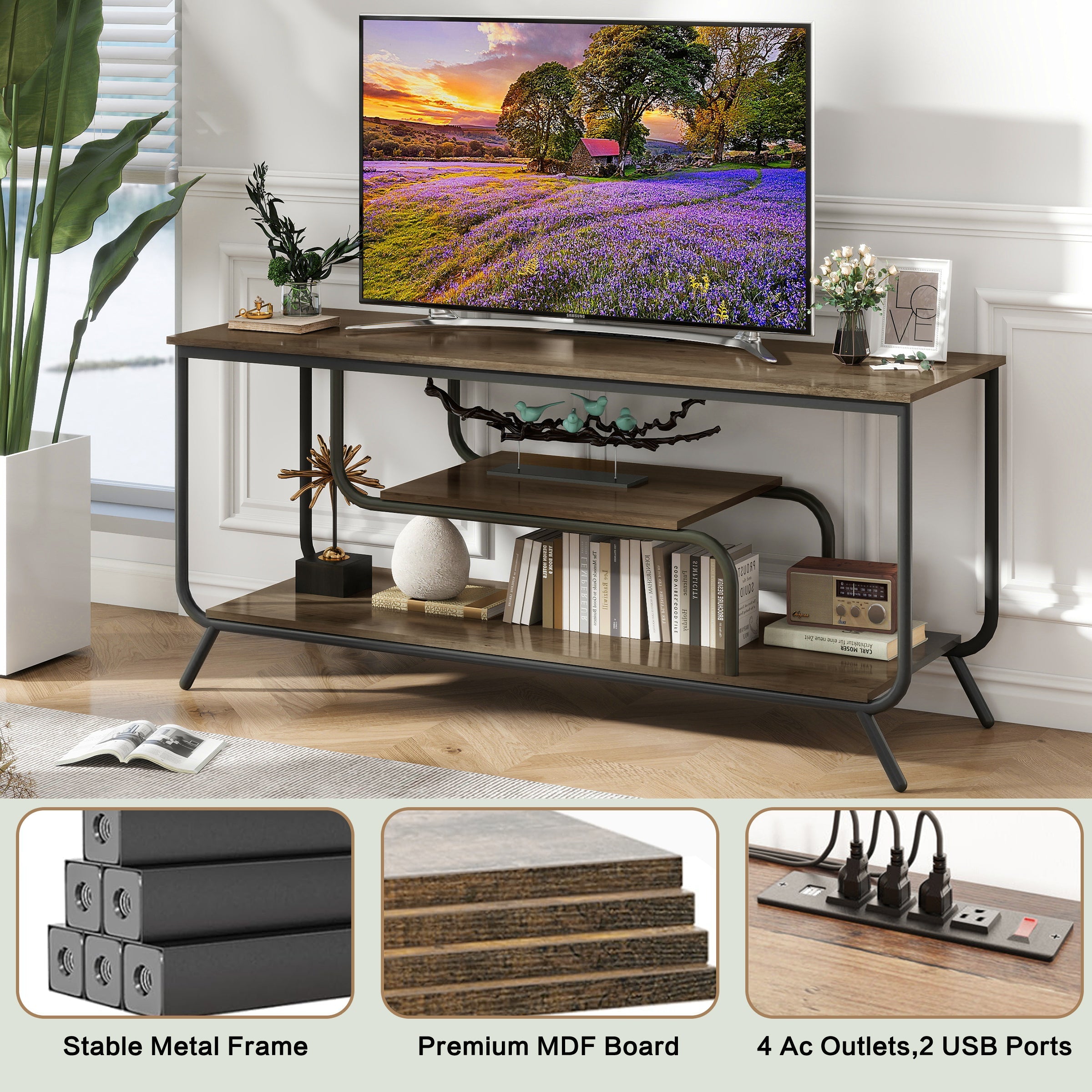 There are installation videos and scene videos. TV socket and LED light - TV stand TV up to 55 ', small unit modern TV console suitable for living room and bedroom, light grey
