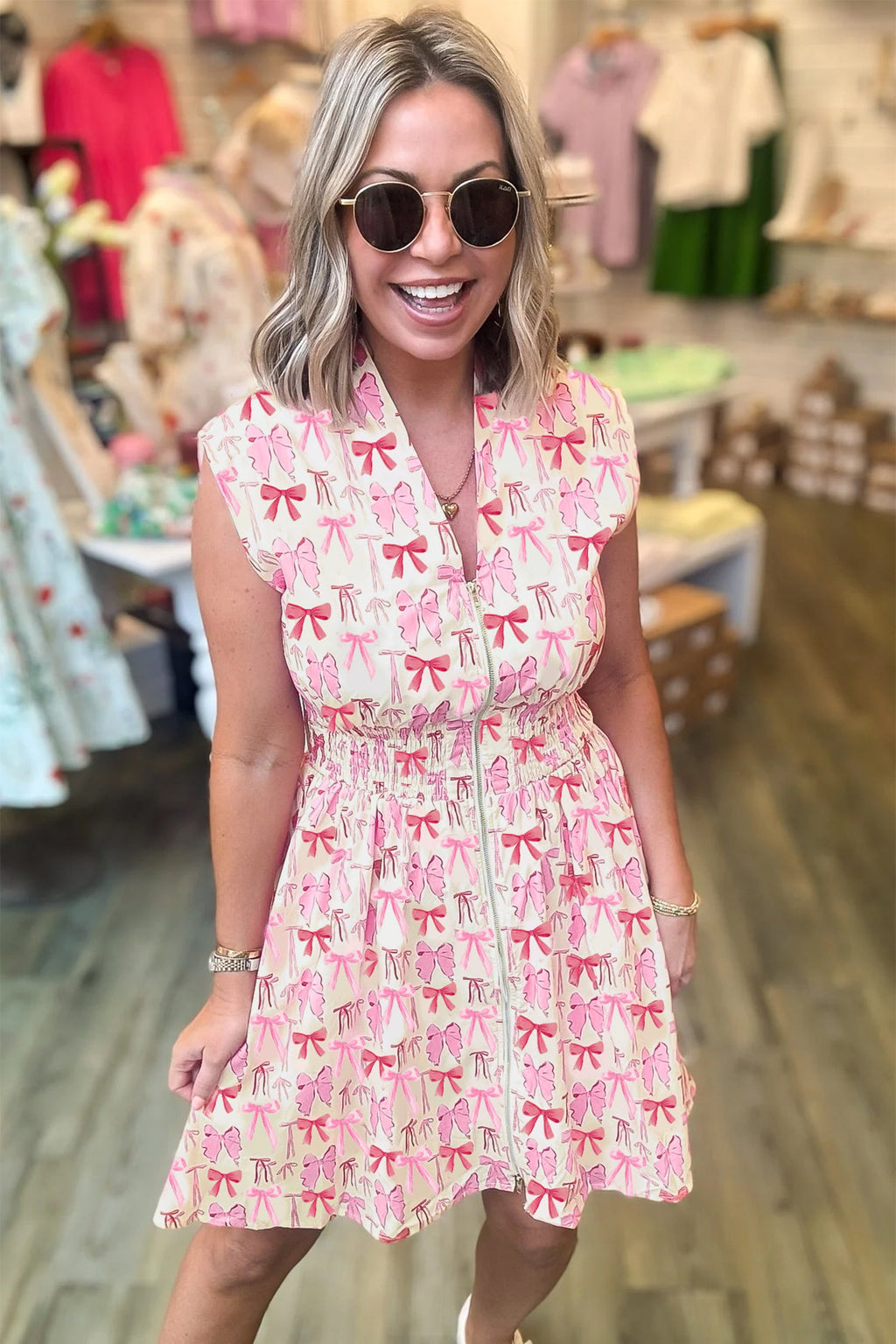 Bow Zip Up Cinched Waist Mini Dress
