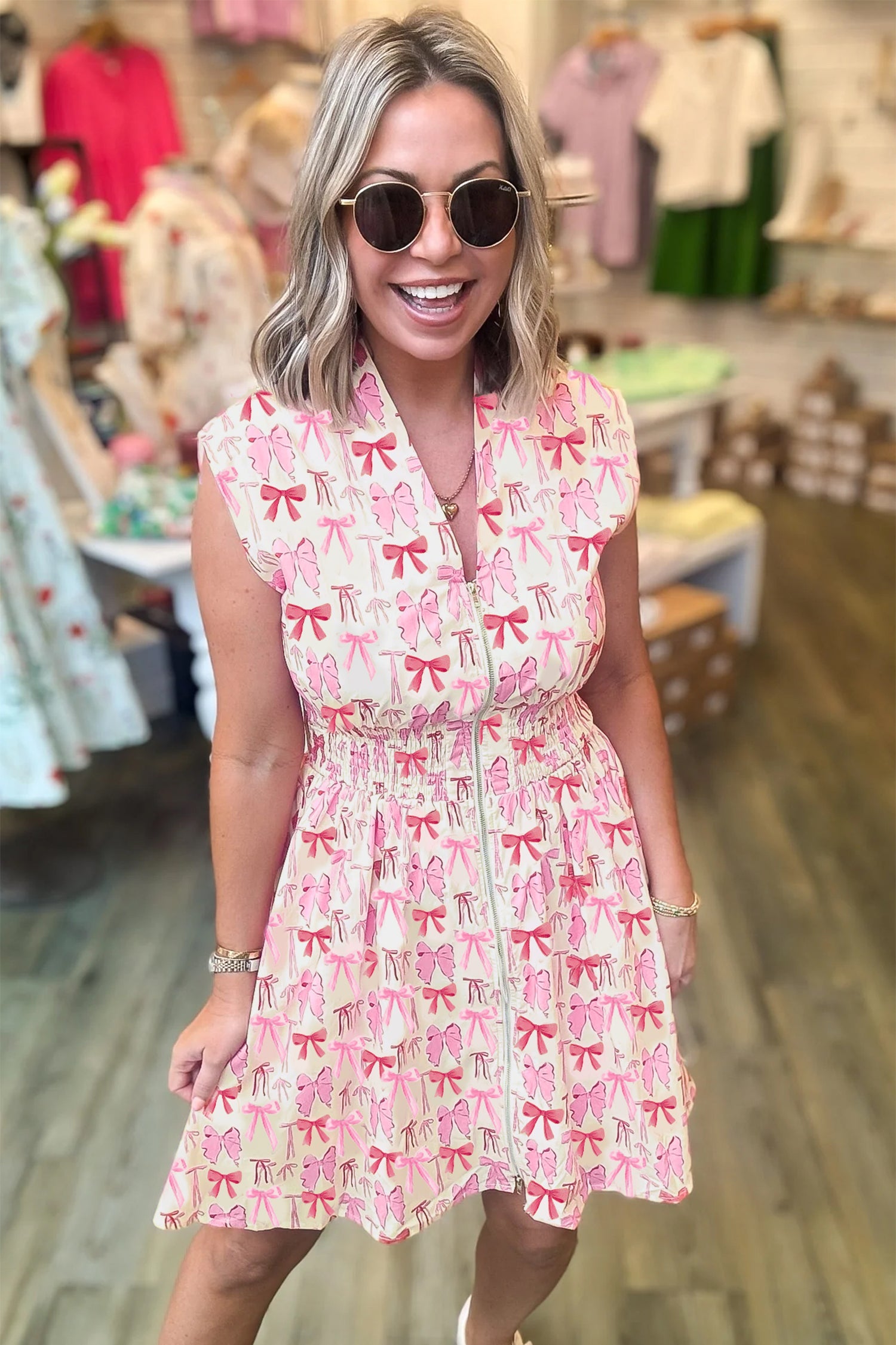 Bow Zip Up Cinched Waist Mini Dress