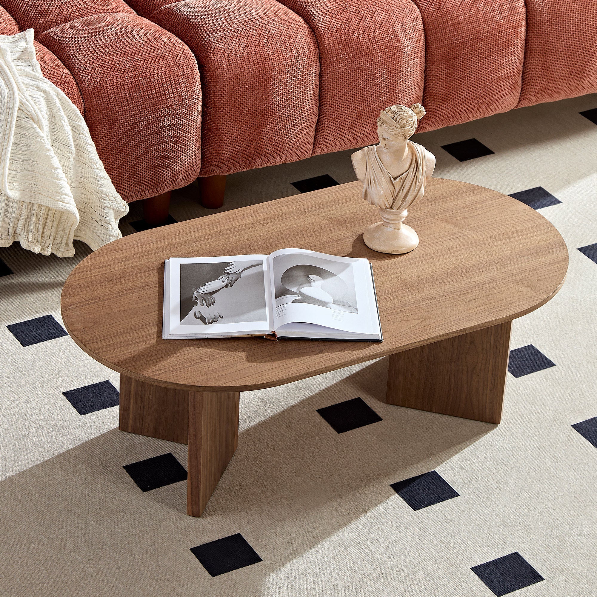 Length 39.37 Inch Modern Coffee Table,MDF Oval Coffee Table for Living Room,Small Coffee Table with Sturdy Pedestal for Apartment,Bedroom,Walnut