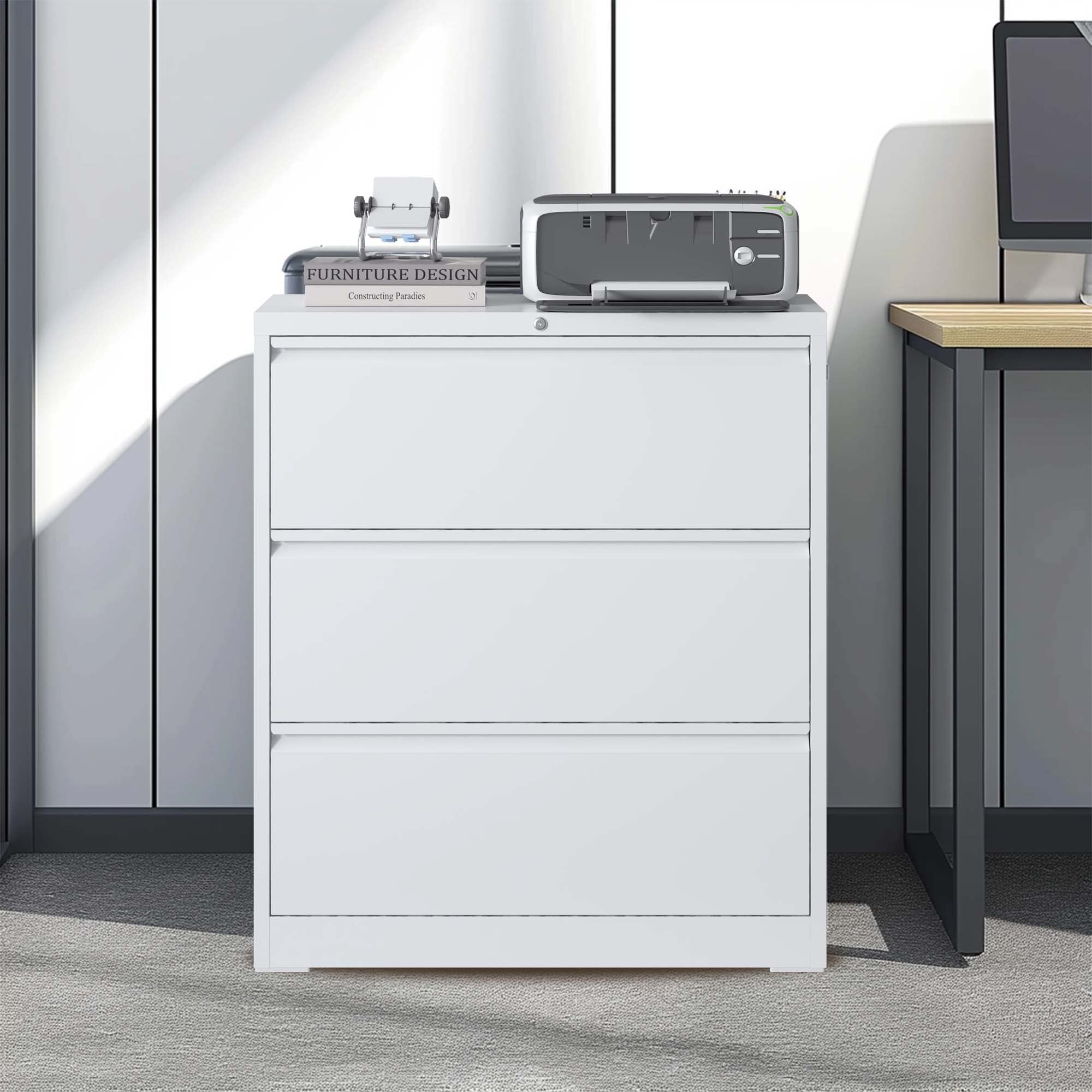 Modern White 3-Drawer Lateral File Cabinet with Lock for Home Office, Metal Filing Cabinet for Legal/Letter/A4/F4 Files